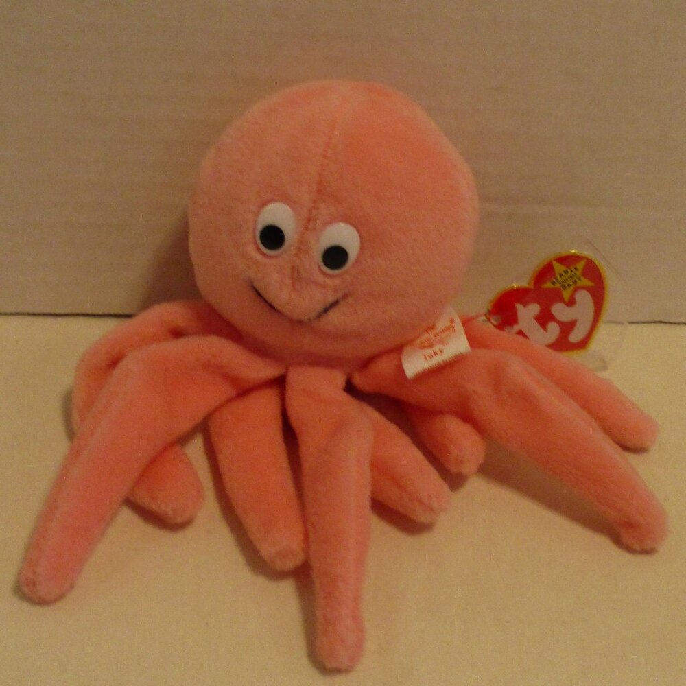 TY Beanie Inky Octopus Vintage 1990s Small Pink Black Ocean Water Animal Plush
